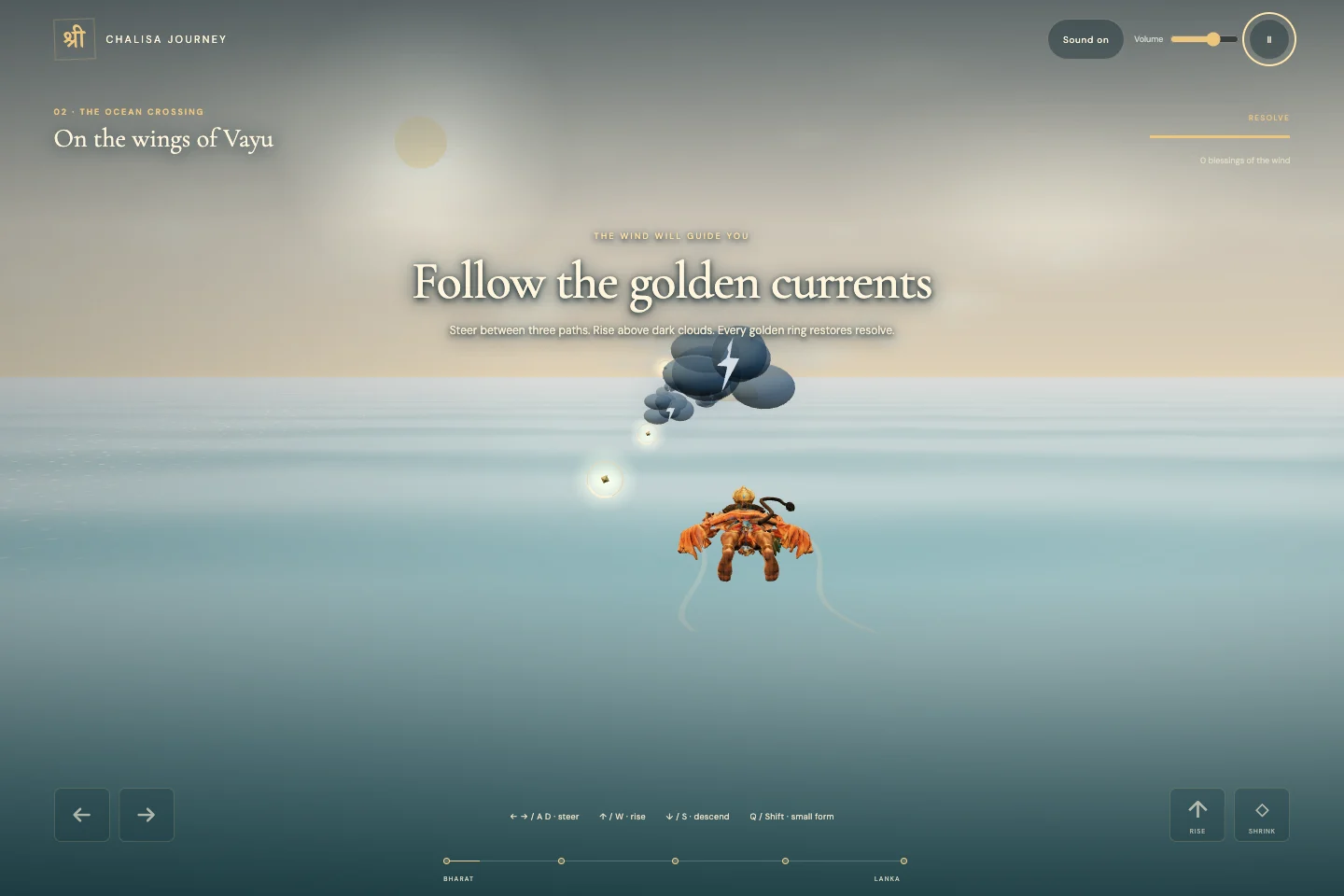 Hanuman flying over the ocean toward golden wind rings and dark clouds, with steering and small-form controls along the bottom.