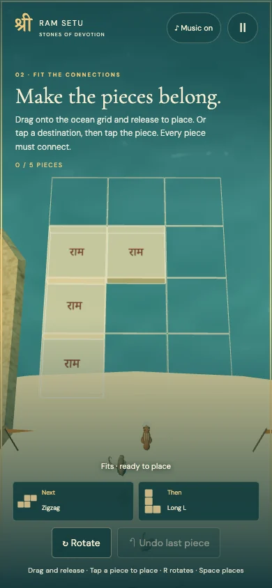 Phone view of Mahaveera’s three-column ocean grid, with an L-shaped stone preview and the next zigzag and long L shown below.