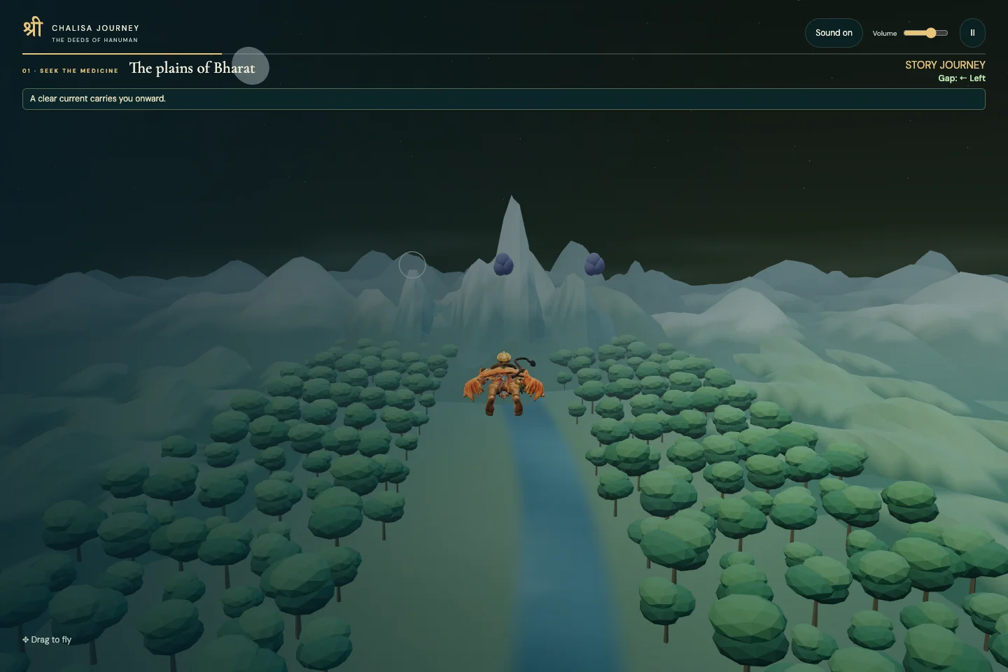 Hanuman flying high over the landscape toward green route markers, with journey progress displayed above.