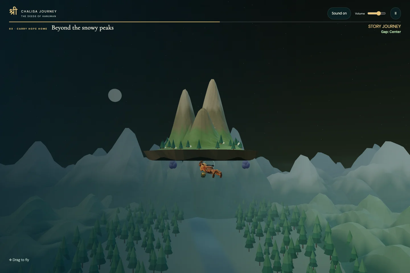 Hanuman flying horizontally above the Himalayan terrain with a tree-covered mountain peak raised on his hand.