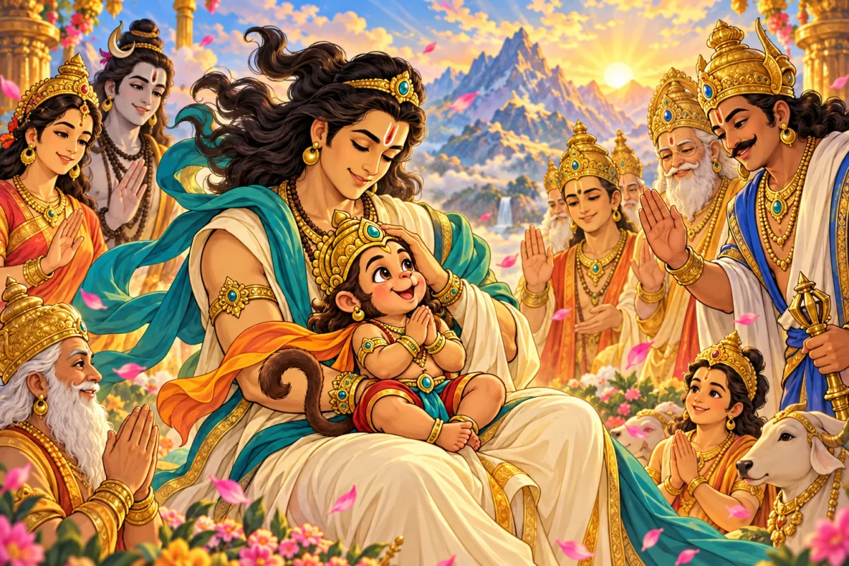 An illustration of the gods gathered around child Hanuman, from the game’s closing story.