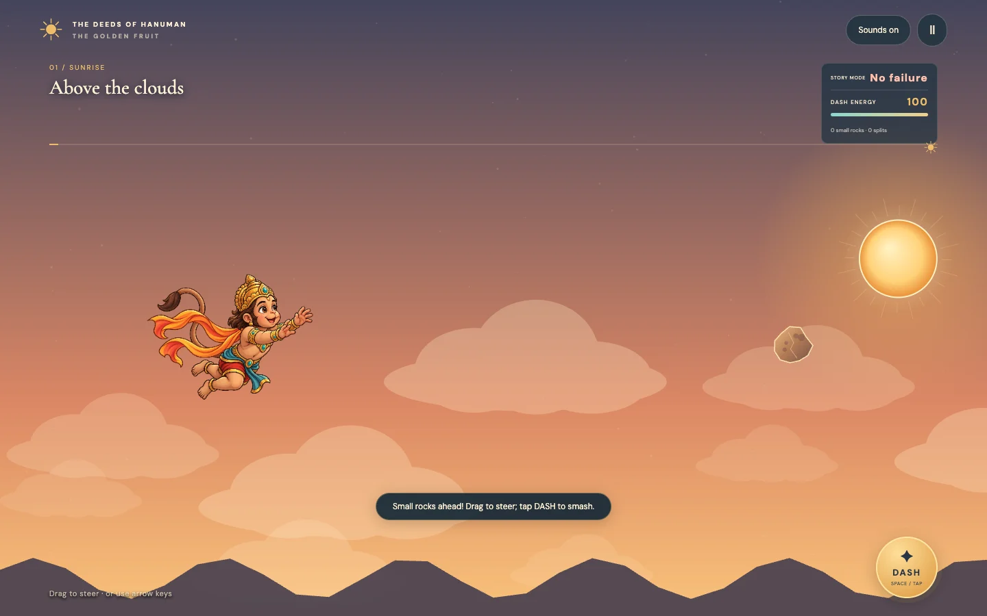 Little Hanuman flying above warm clouds toward the glowing Sun in The Golden Fruit game.