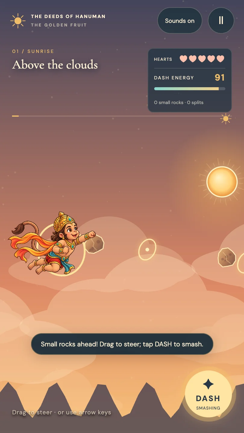 Hanuman in his fist-forward dash pose on a phone-sized screen, with hearts, dash energy, and the DASH control visible.