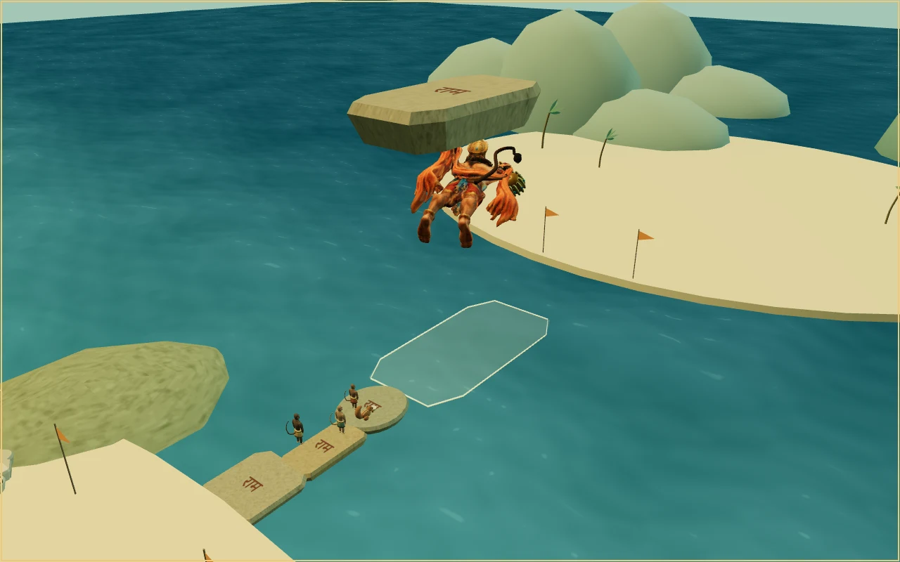 Hanuman carrying an inscribed boulder above the ocean, with workers on the growing bridge and its next opening outlined below.