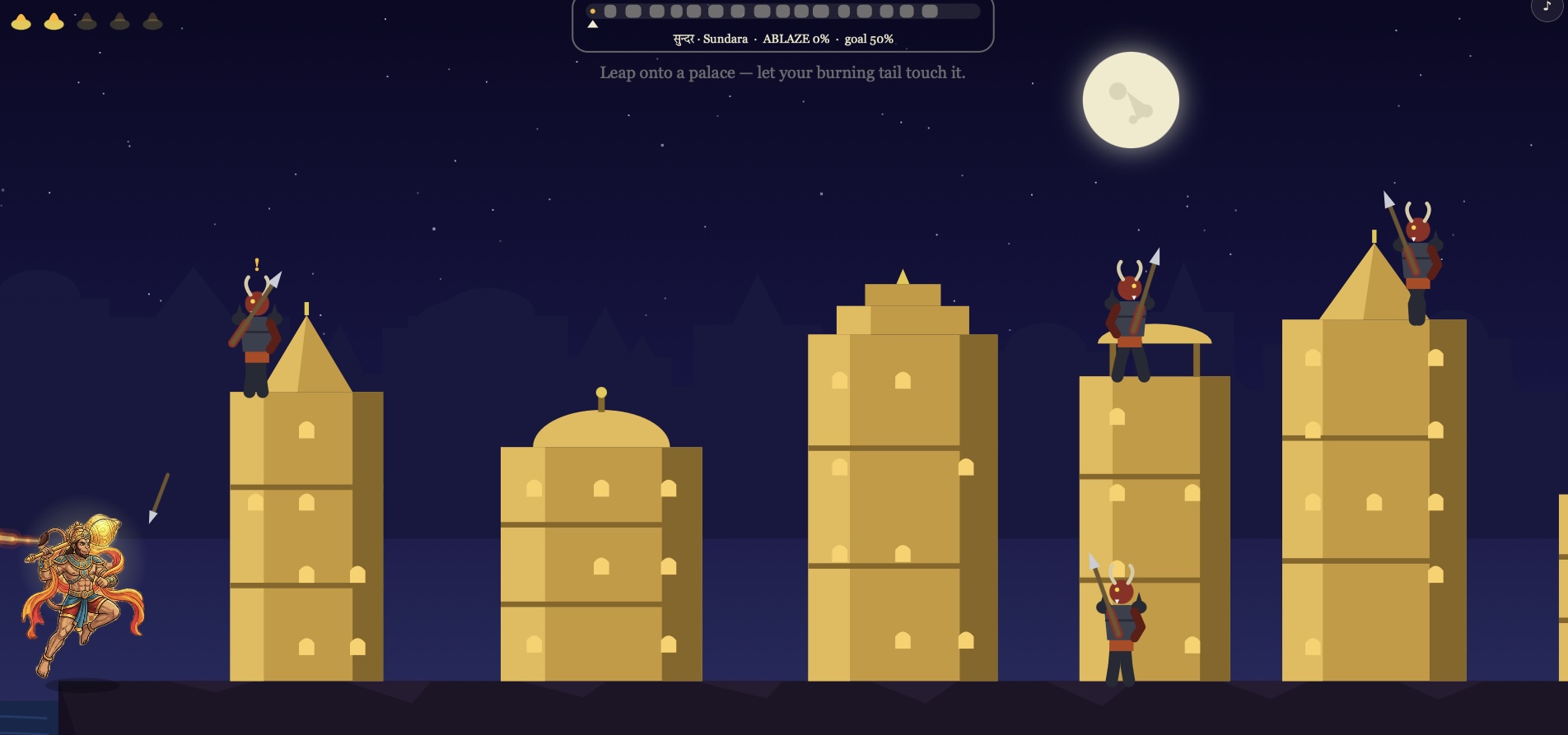Early gameplay showing Hanuman on the left being attacked by a guard throwing a spear, with Lanka's golden palaces stretching across the screen under moonlight