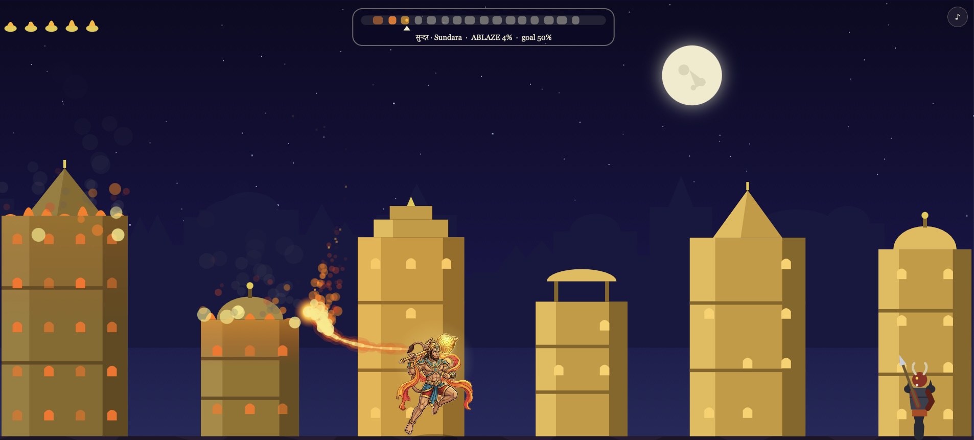 Hanuman's burning tail streaking fire across Lanka's golden rooftops under a full moon